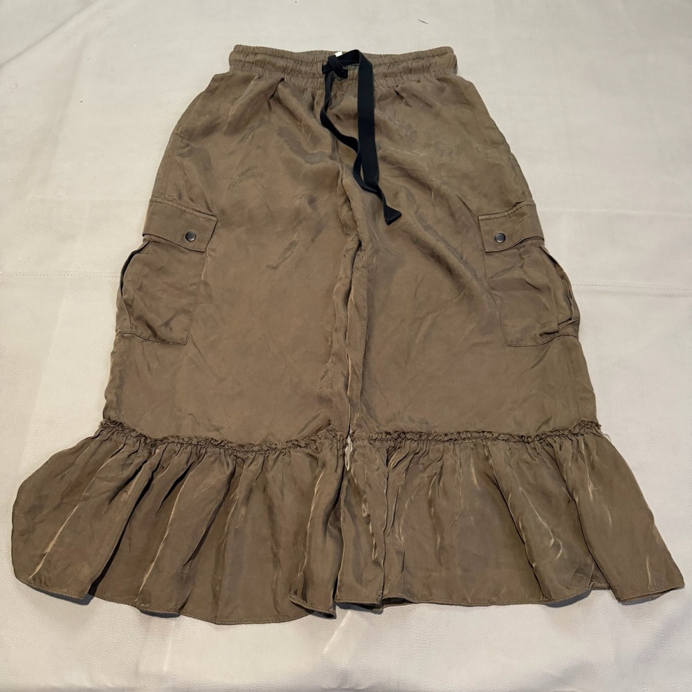 Cinq a Sept Women Brown Cargo Ruffle Earth Tone Baggy Wide Flowly Crop Pant-6893